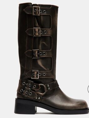 Steve Madden Dark Brown Leather Buckle Mid-Calf Boot